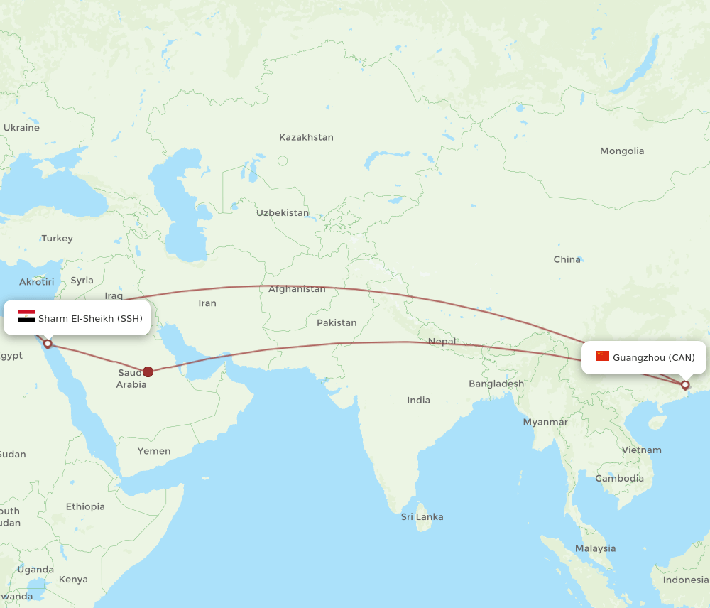 SSH to CAN flights and routes map