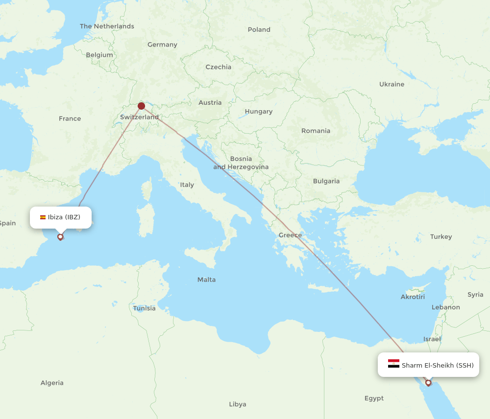 Ibiza - Sharm el Sheikh route map and flight paths
