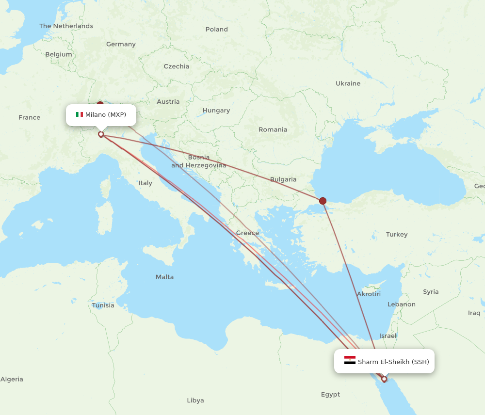 SSH to MXP flights and routes map
