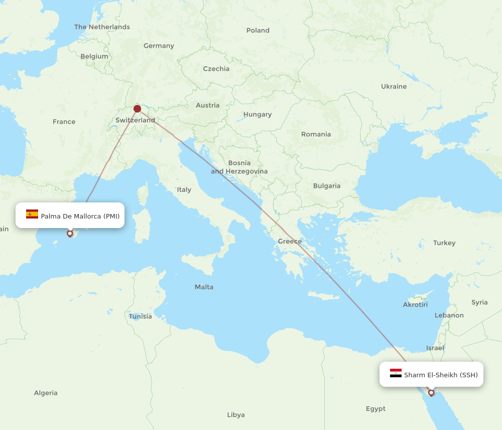 Palma de Mallorca - Sharm el Sheikh route map and flight paths