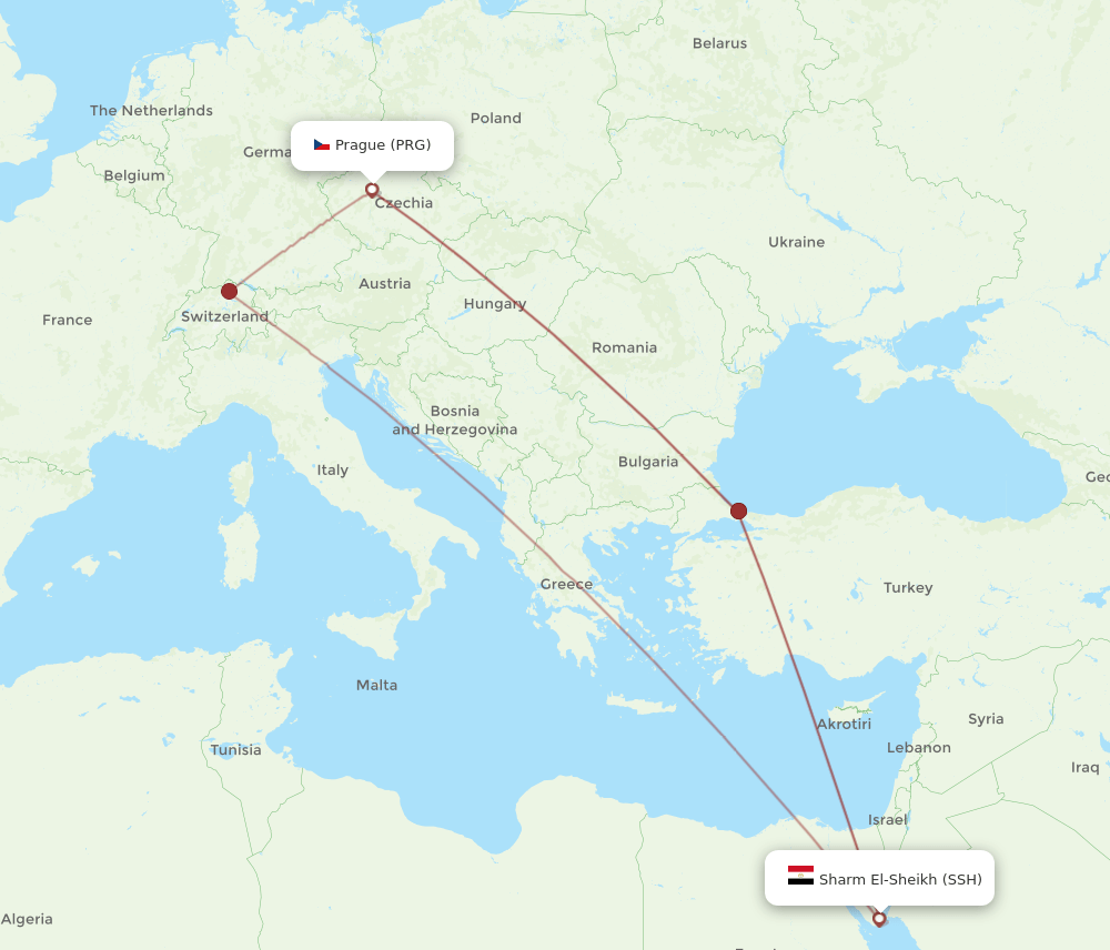 SSH to PRG flights and routes map