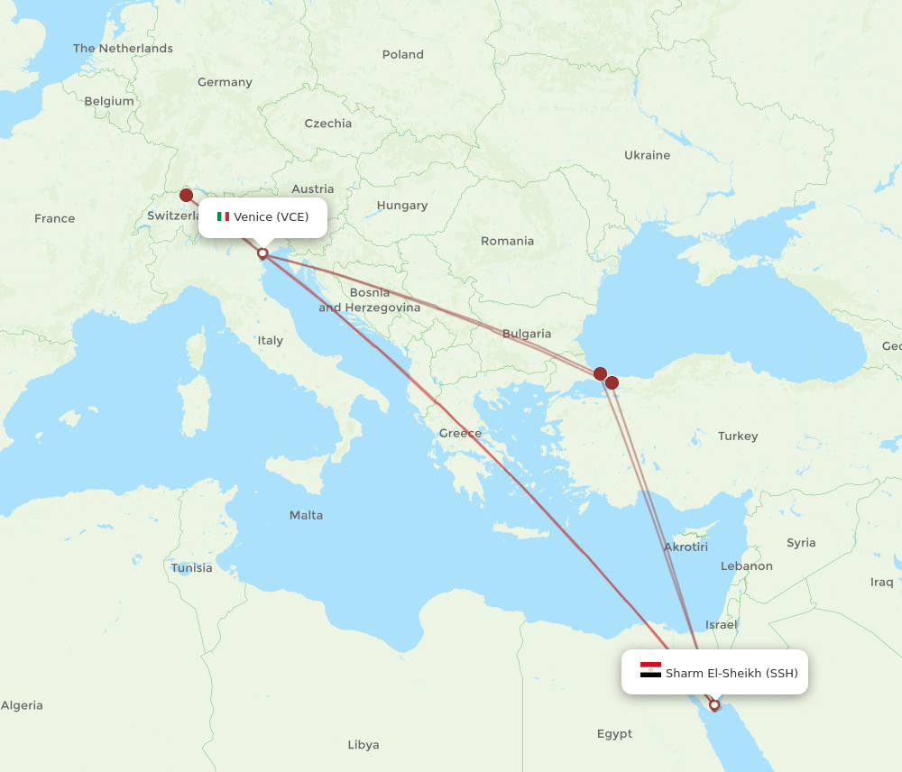 SSH to VCE flights and routes map