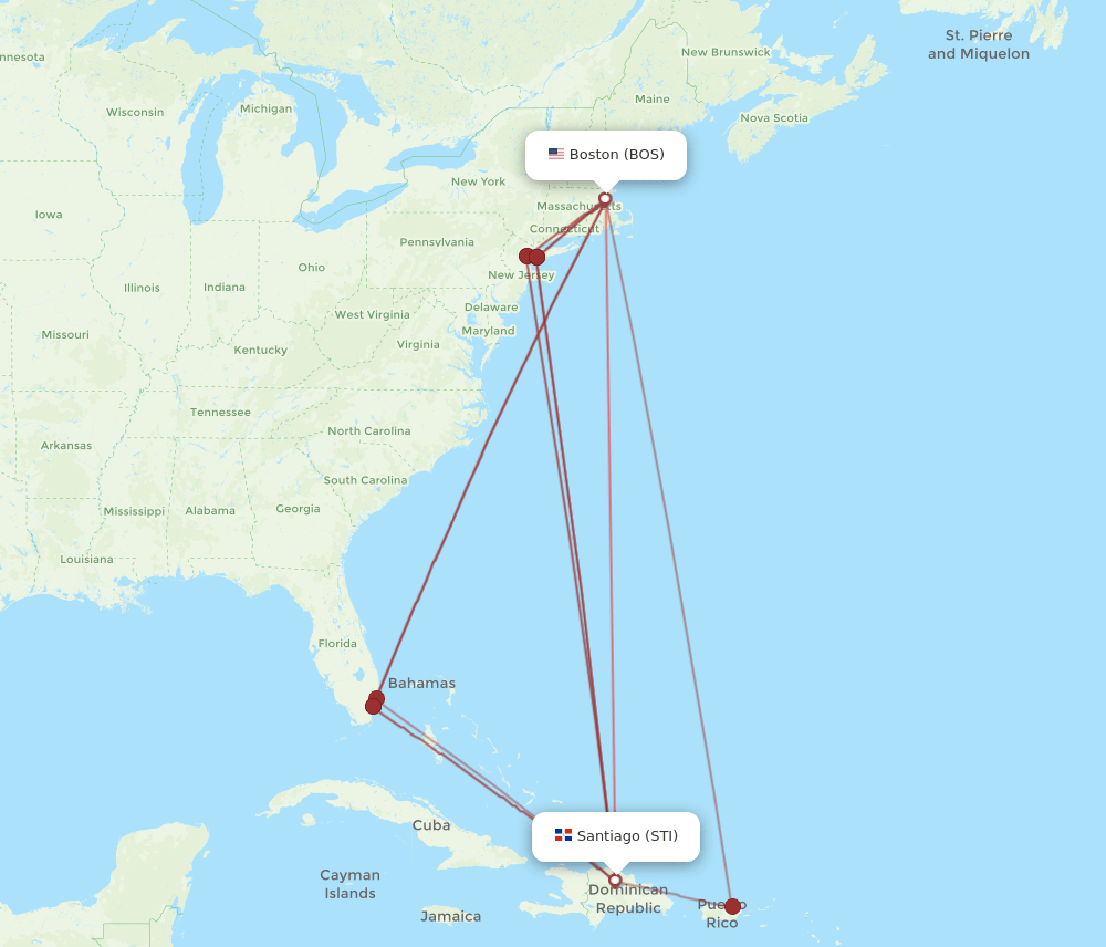STI to BOS flights and routes map