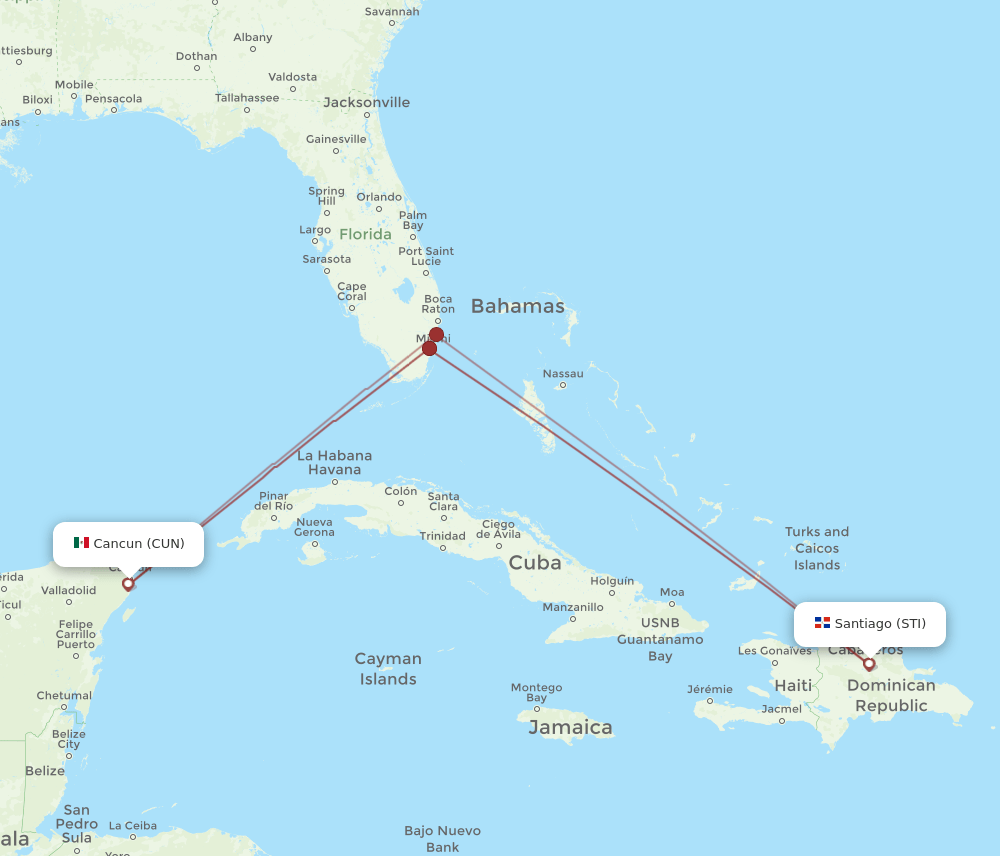 STI to CUN flights and routes map