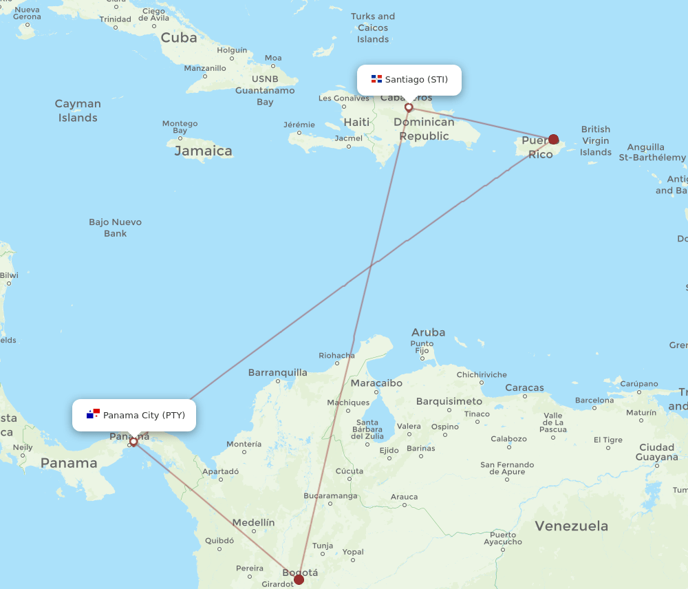 Santiago - Panama City route map and flight paths