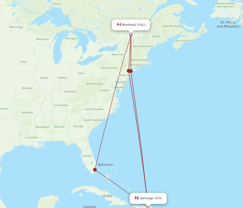 STI to YUL flights and routes map