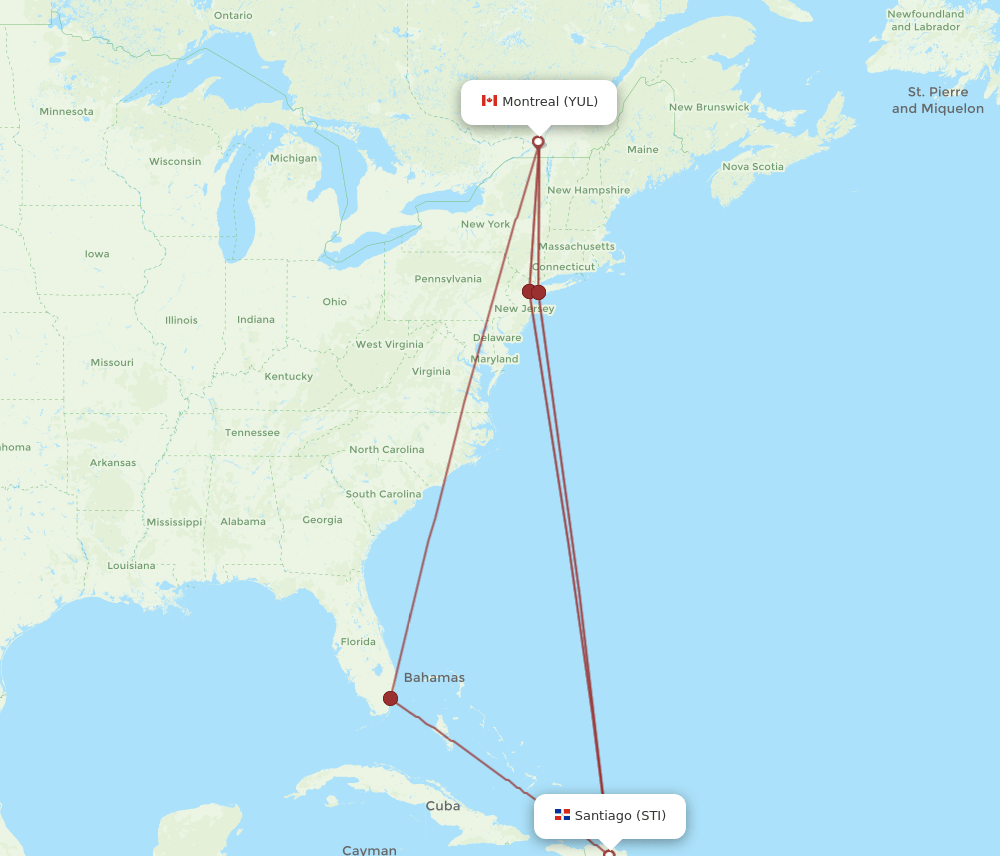 Montreal - Santiago route map and flight paths
