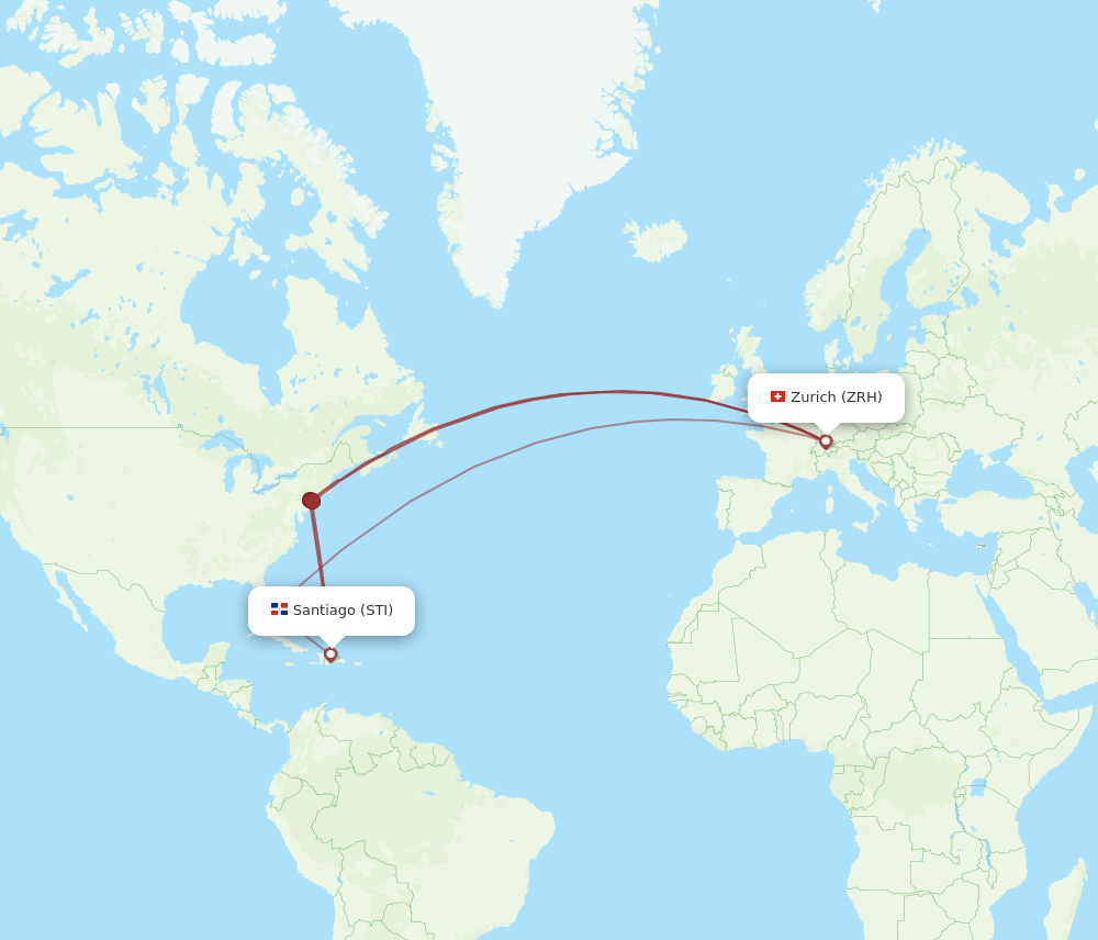 Zurich - Santiago route map and flight paths
