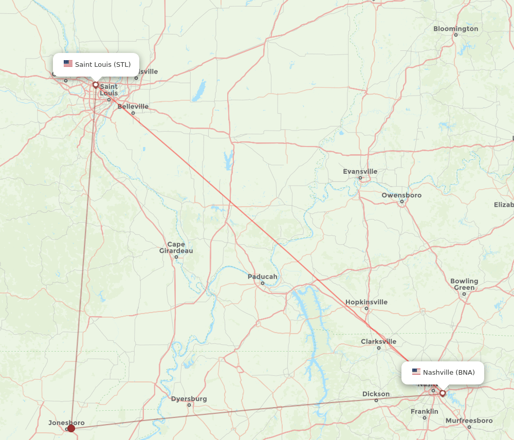 STL to BNA flights and routes map