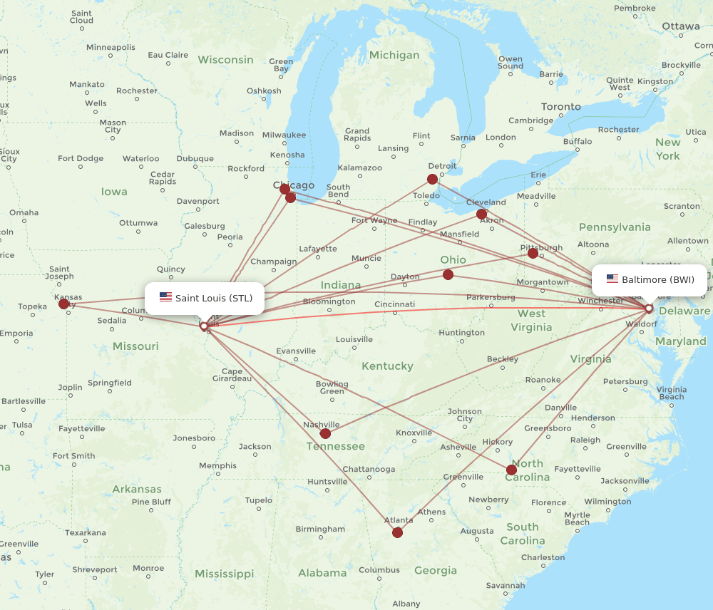 STL to BWI flights and routes map