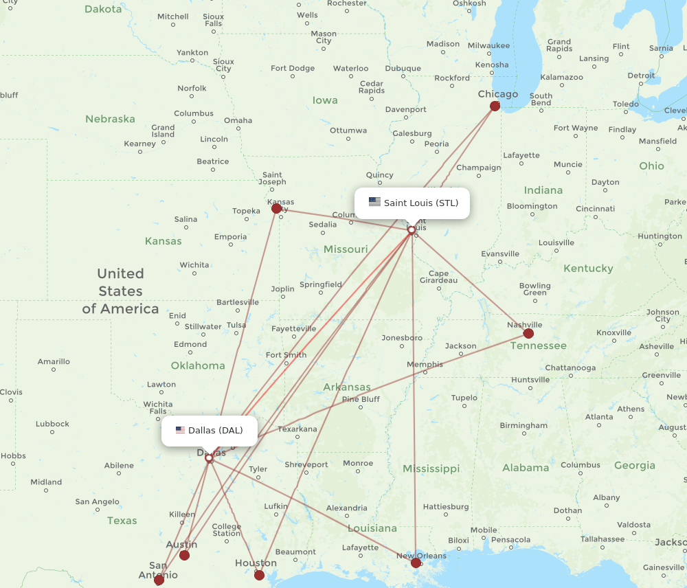 STL to DAL flights and routes map