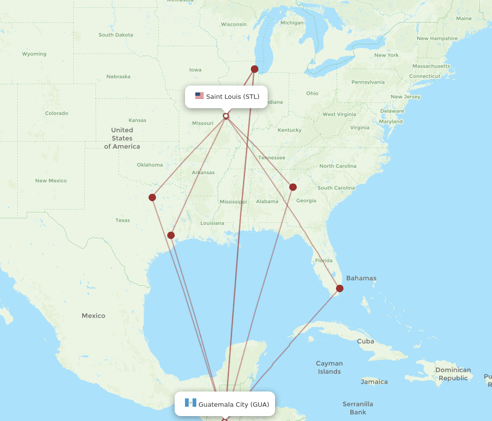 STL to GUA flights and routes map