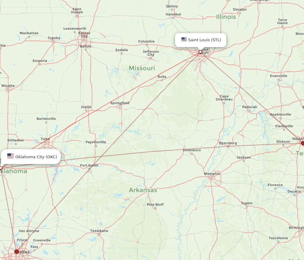 STL to OKC flights and routes map