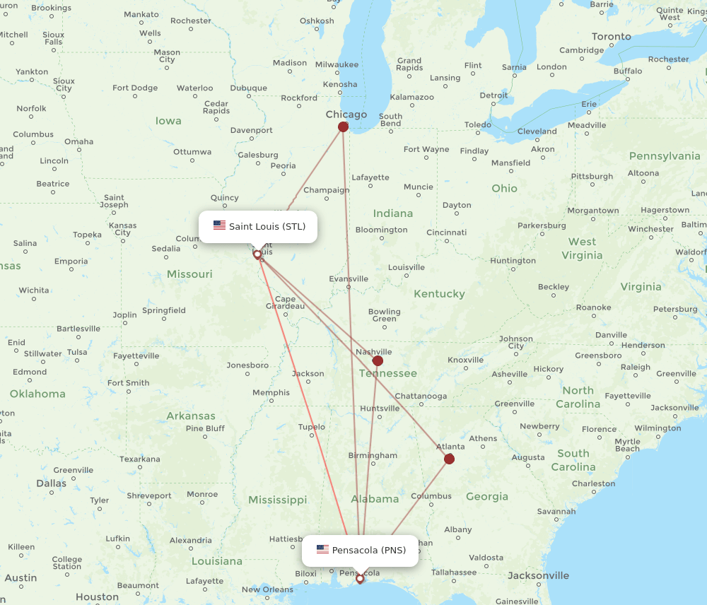 STL to PNS flights and routes map