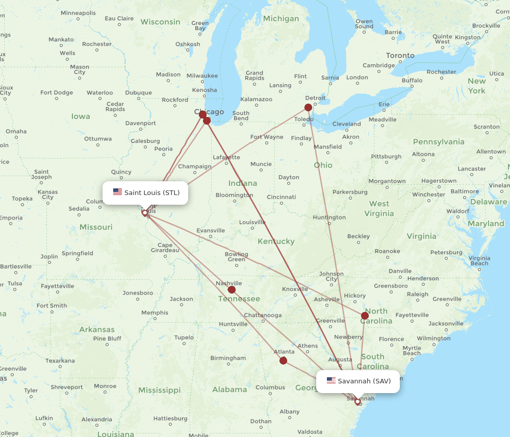 STL to SAV flights and routes map
