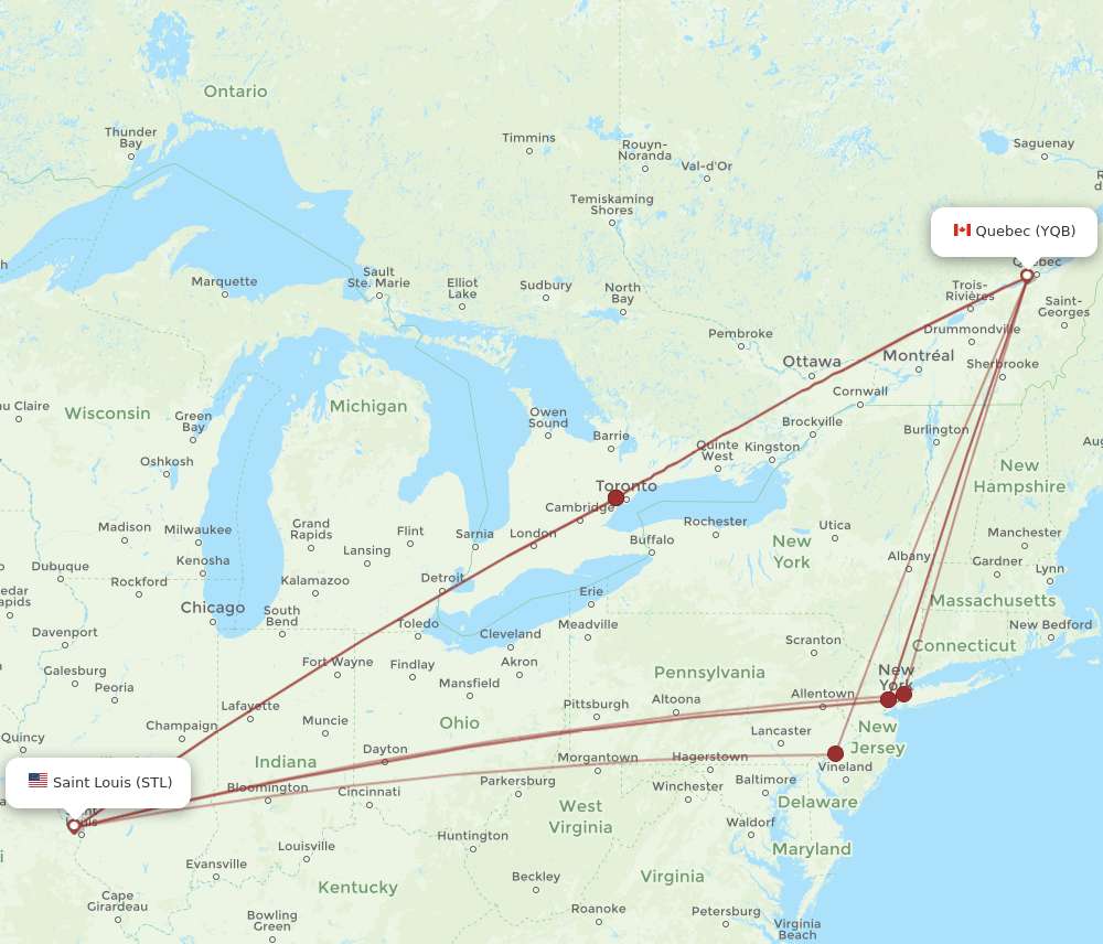 STL to YQB flights and routes map