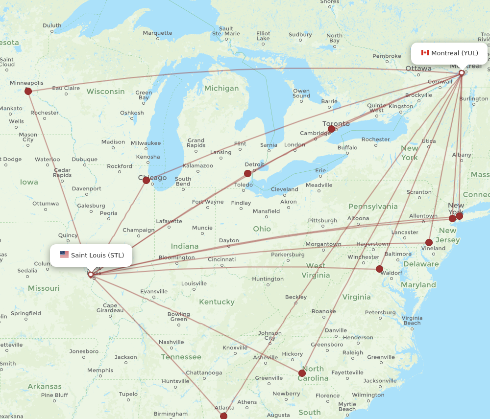 STL to YUL flights and routes map