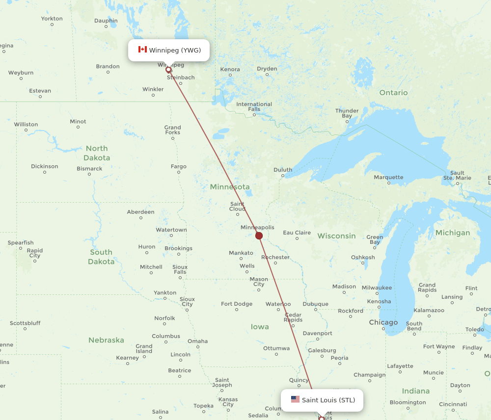 Winnipeg - Saint Louis route map and flight paths