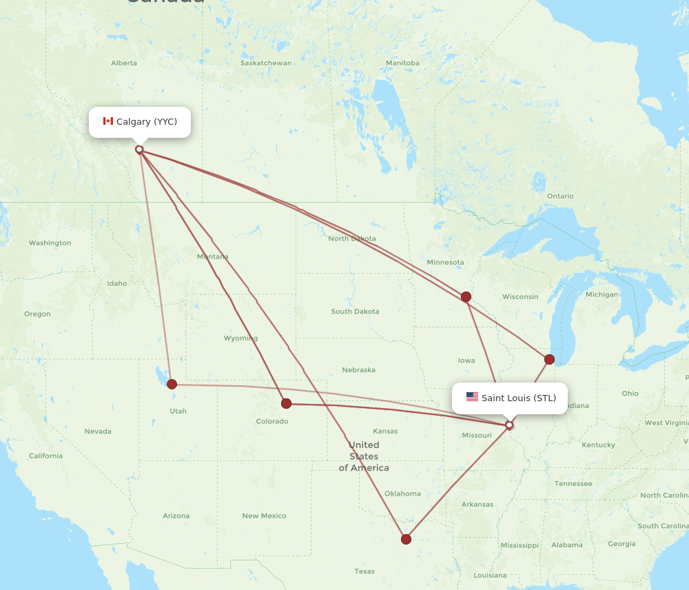 STL to YYC flights and routes map