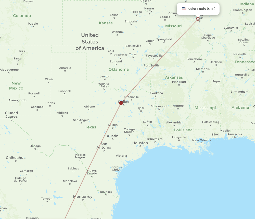 Zacatecas - Saint Louis route map and flight paths