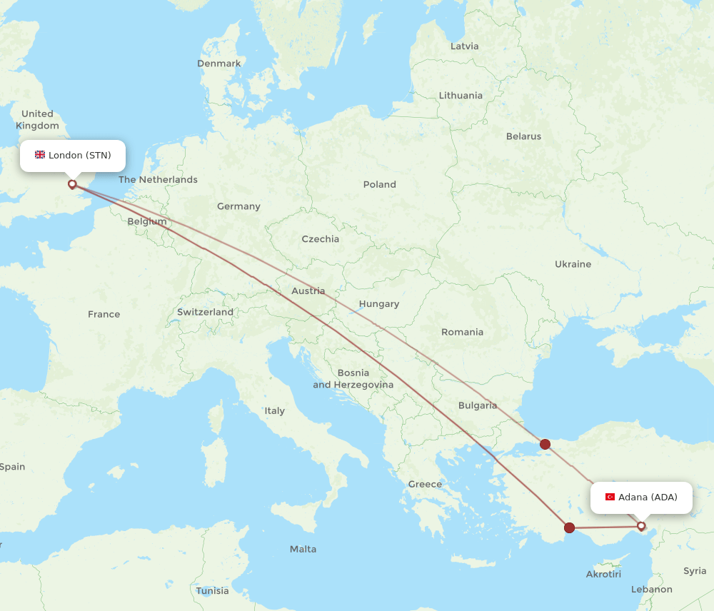 London - Adana route map and flight paths