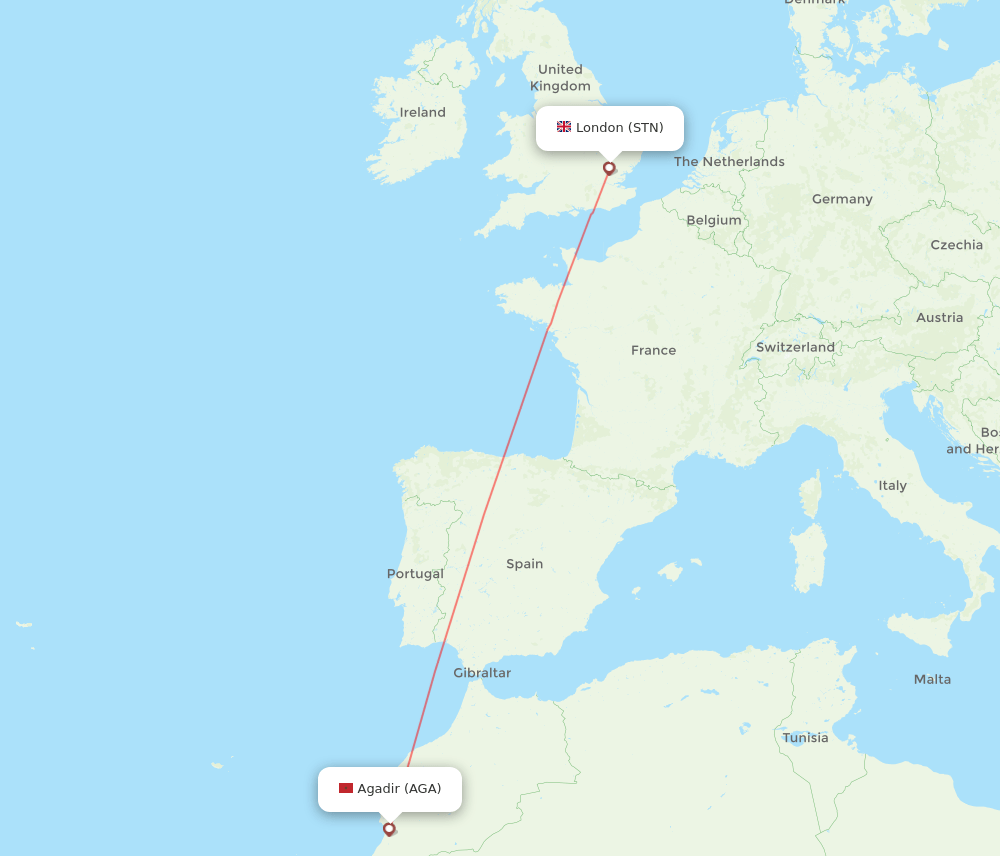 London - Agadir route map and flight paths
