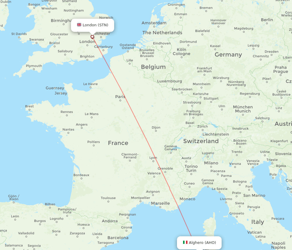 London - Alghero route map and flight paths