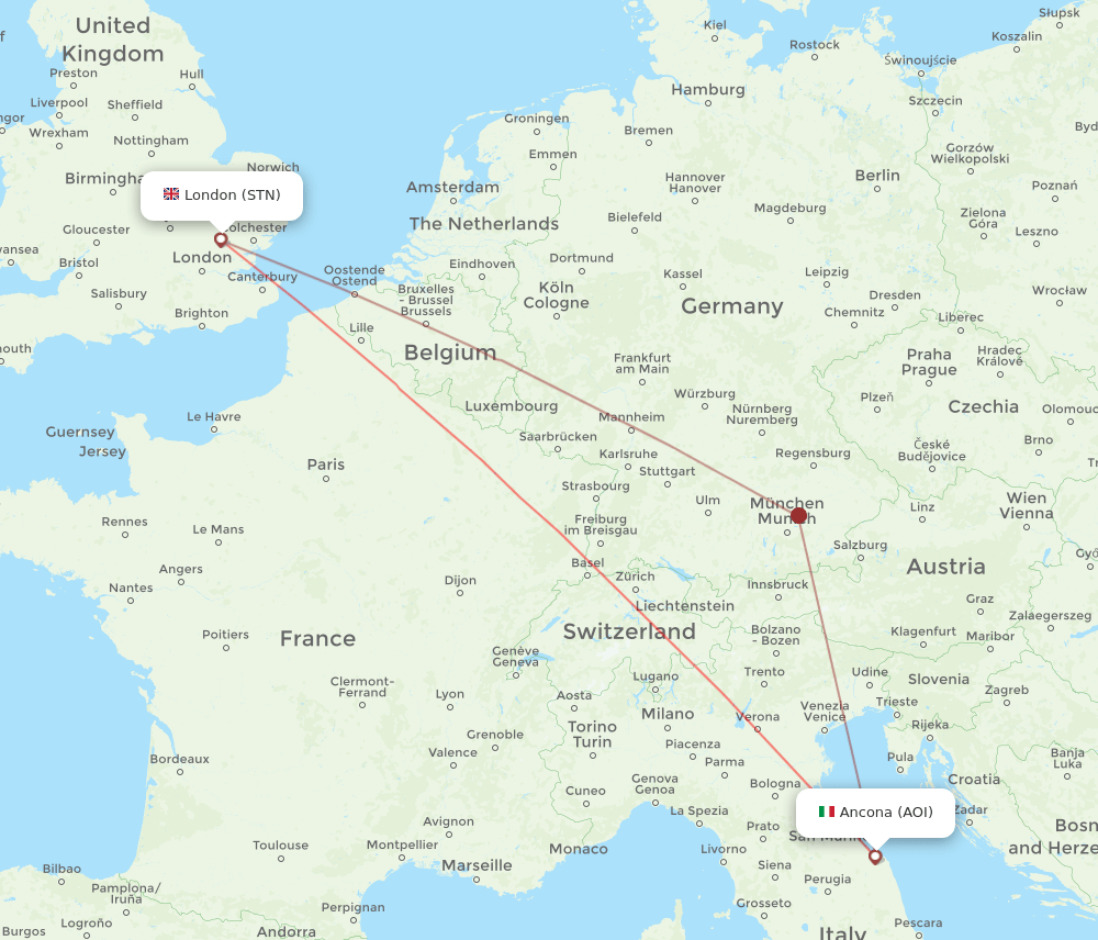 London - Ancona route map and flight paths