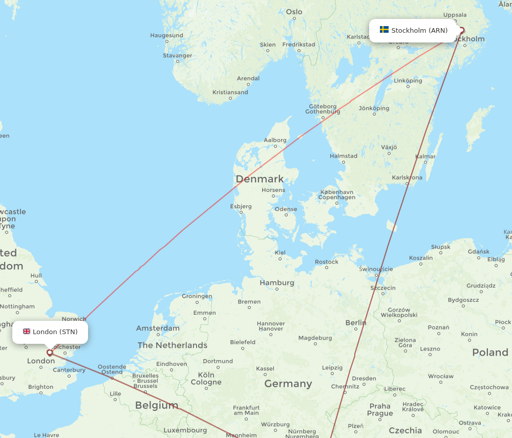 London - Stockholm route map and flight paths