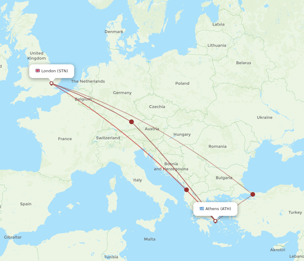 STN to ATH flights and routes map