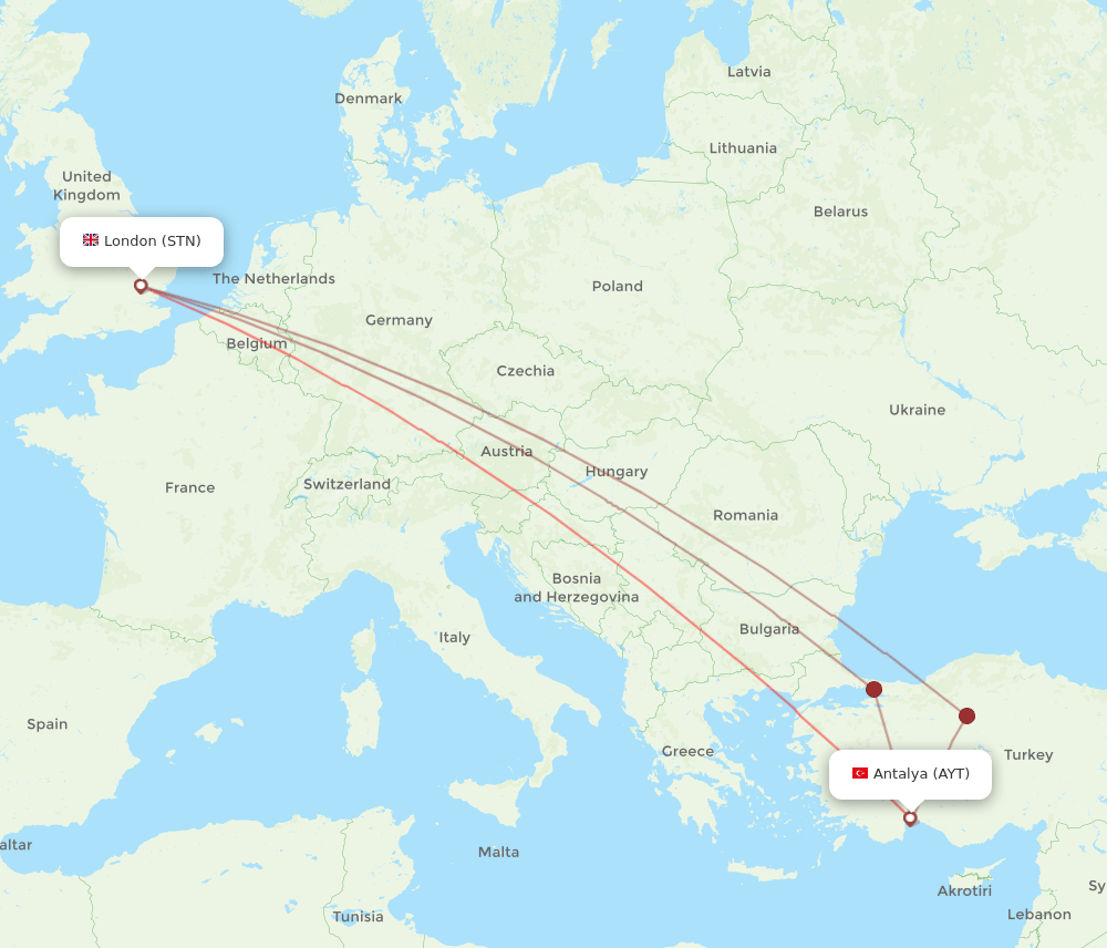 STN to AYT flights and routes map