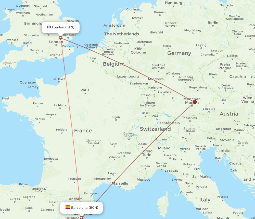 STN to BCN flights and routes map