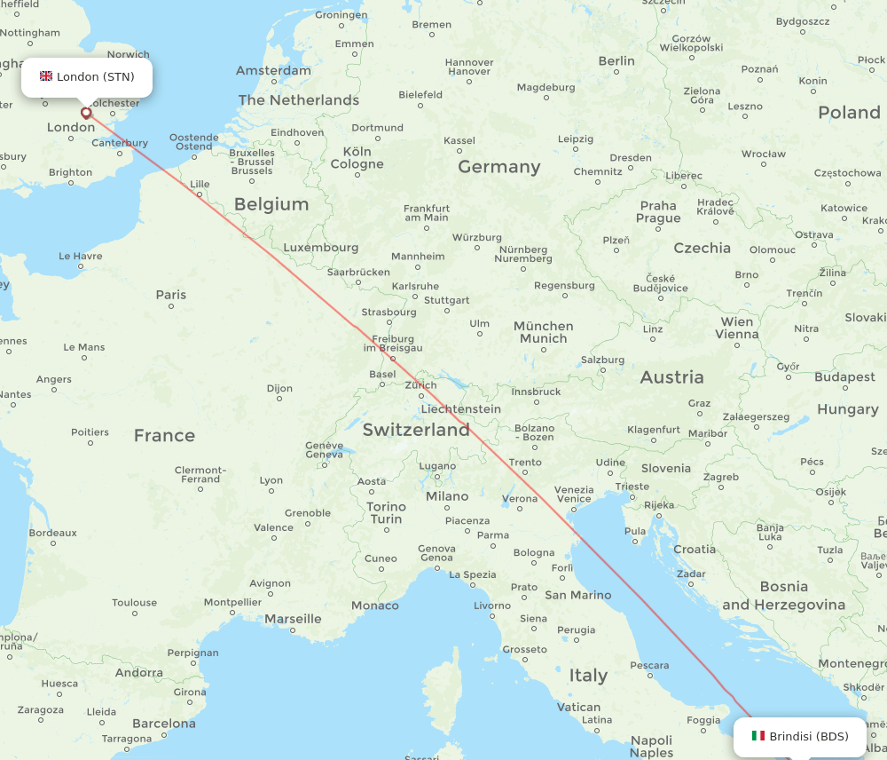 London - Brindisi route map and flight paths