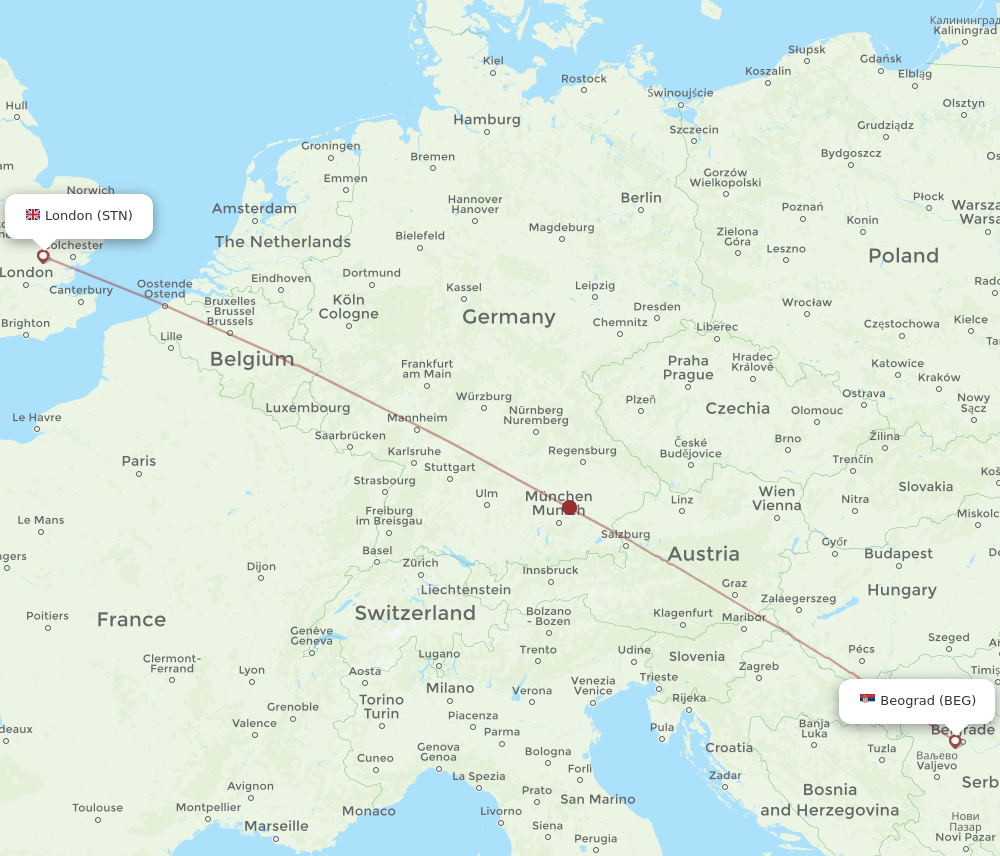 London - Belgrade route map and flight paths