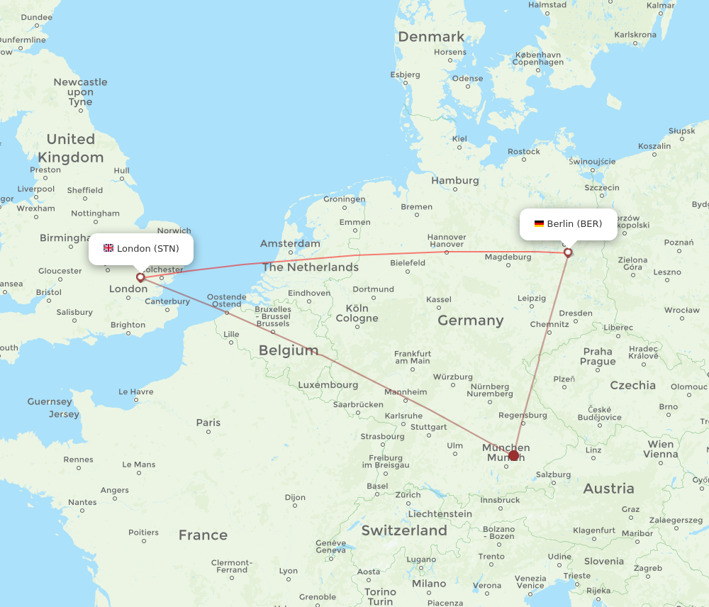 STN to BER flights and routes map