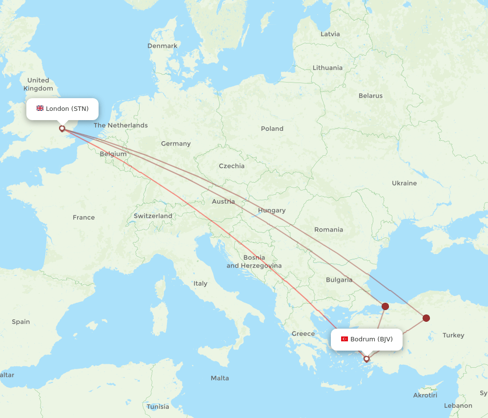 STN to BJV flights and routes map