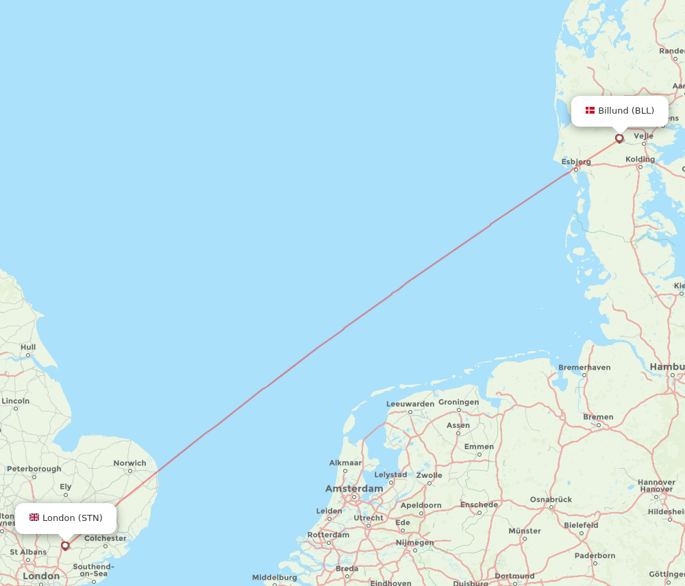 STN to BLL flights and routes map
