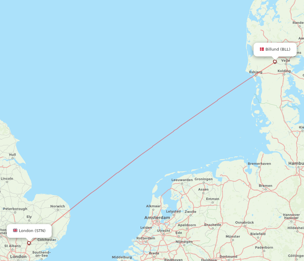 STN to BLL flights and routes map