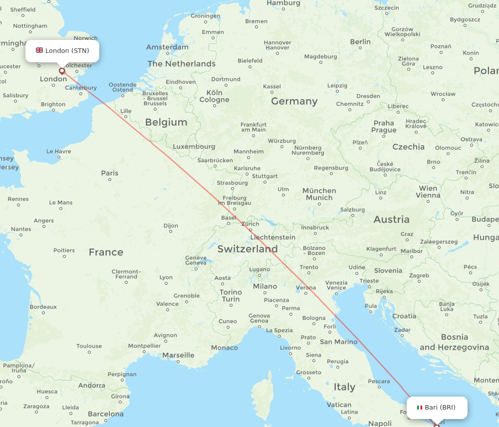 London - Bari route map and flight paths