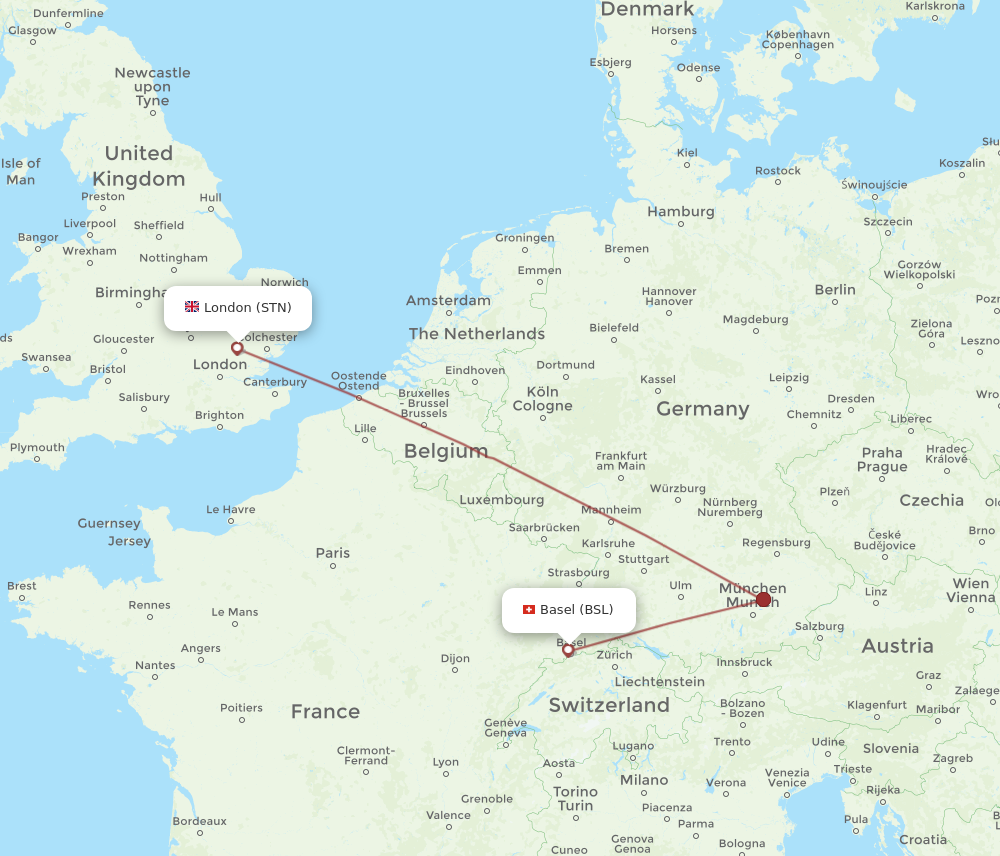 STN to BSL flights and routes map