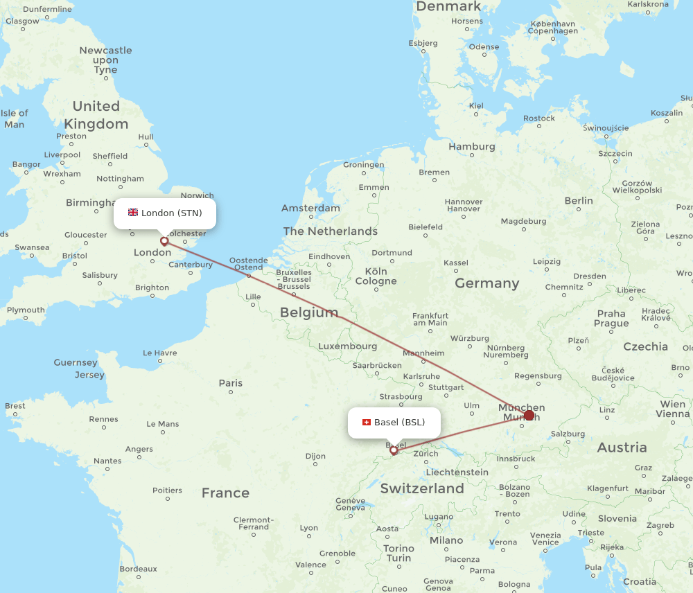 London - Basel, Switzerland/Mulhouse route map and flight paths