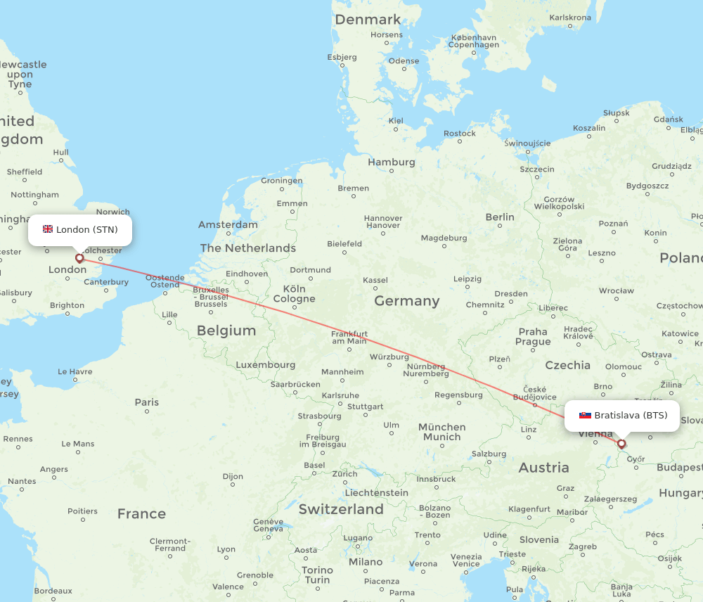 London - Bratislava route map and flight paths