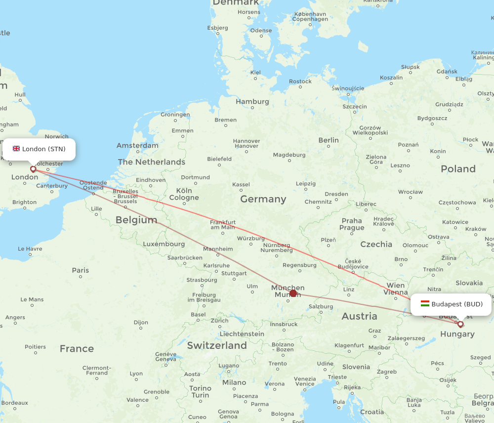 London - Budapest route map and flight paths