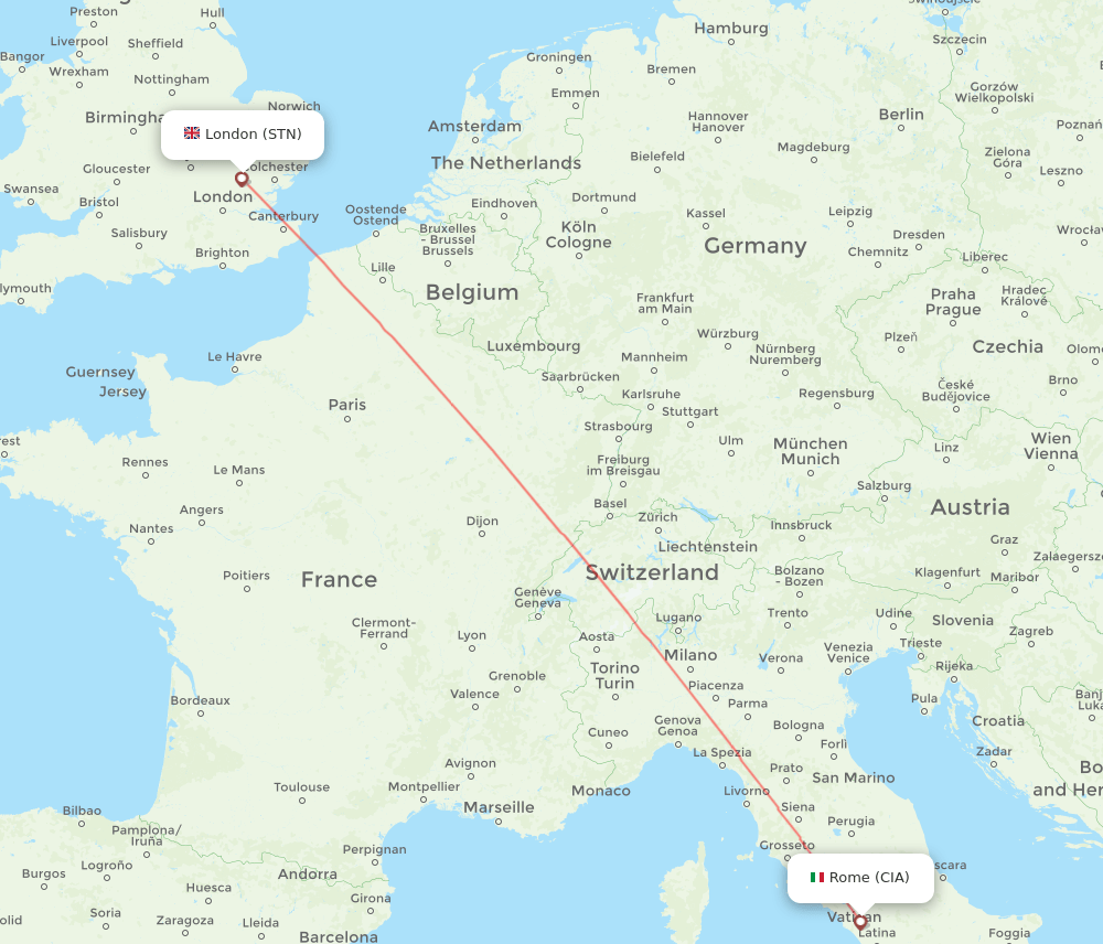 London - Rome route map and flight paths