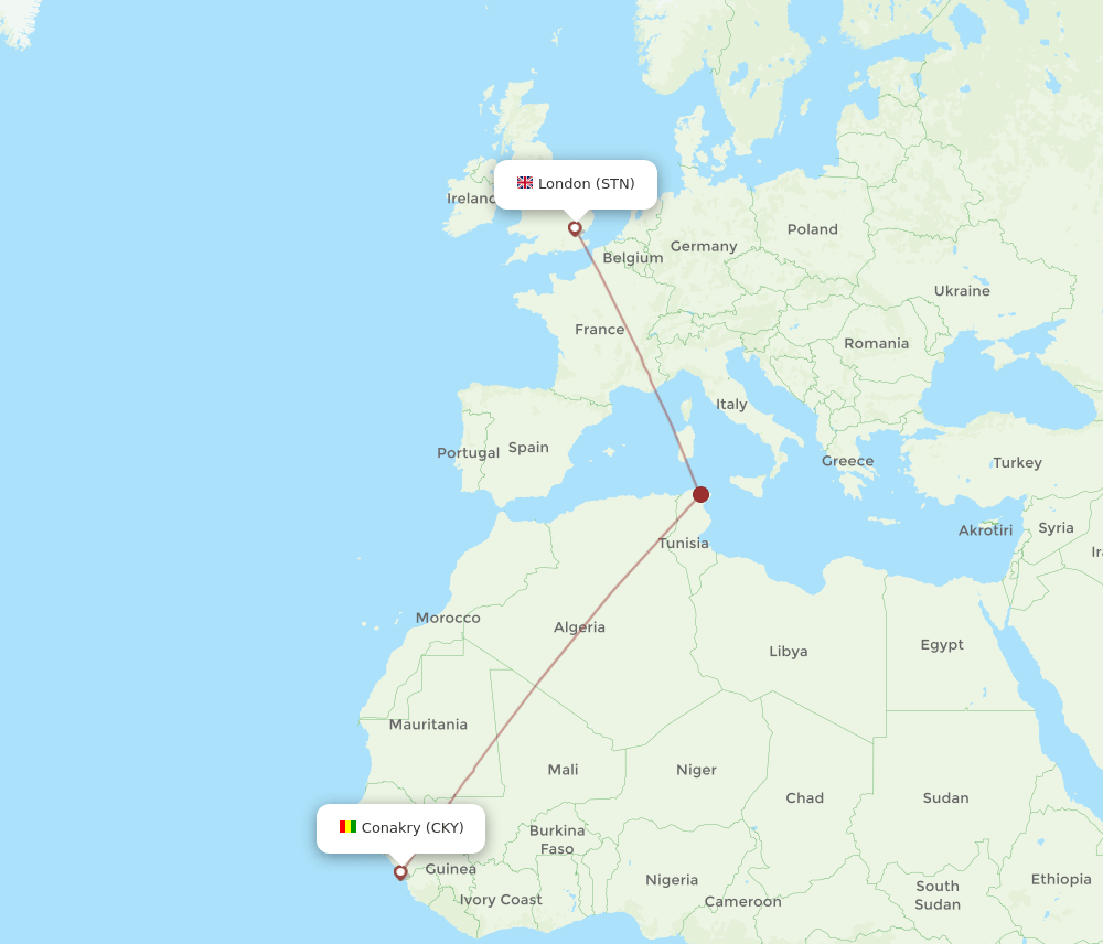 STN-CKY flight routes