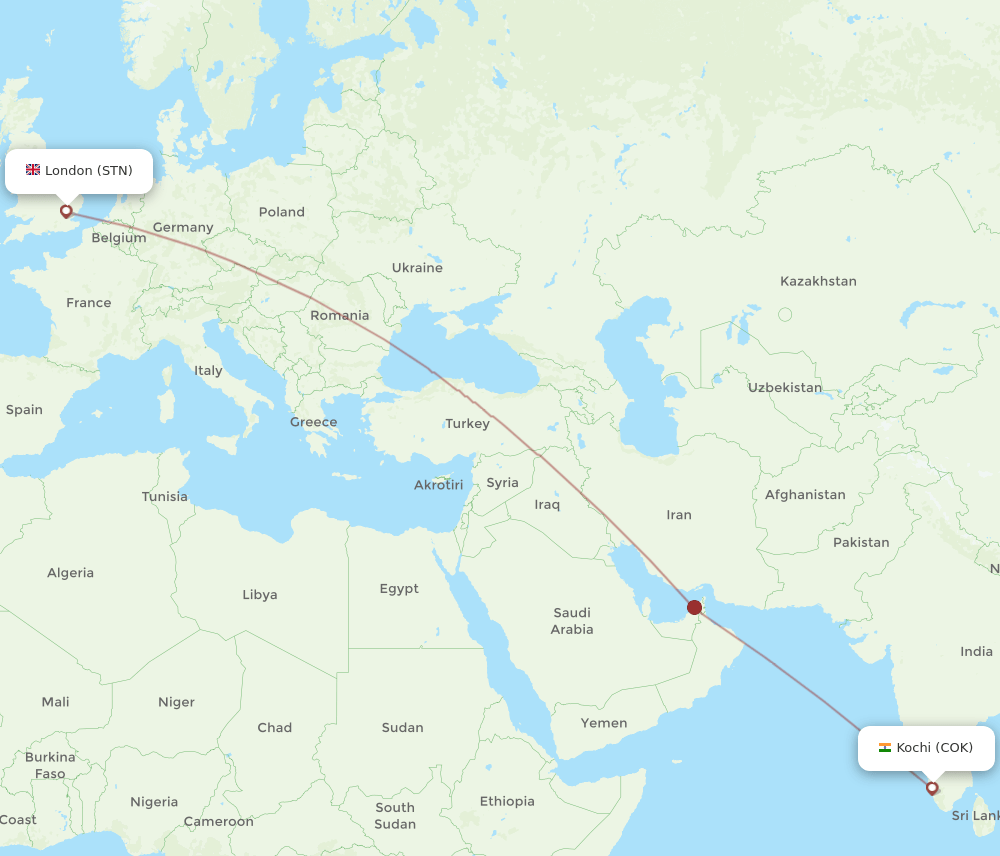 STN to COK flights and routes map