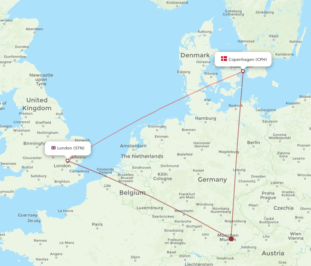 STN to CPH flights and routes map
