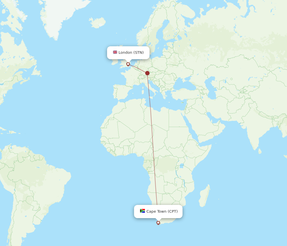London - Cape Town route map and flight paths