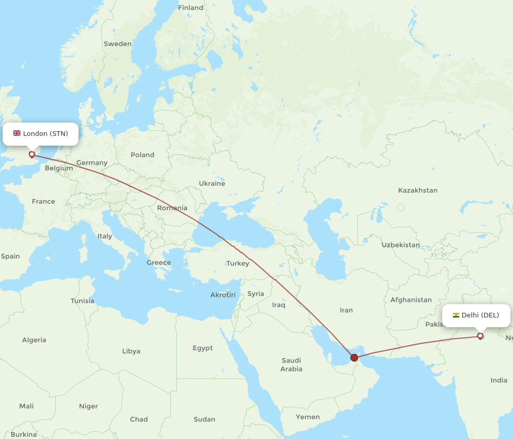 STN to DEL flights and routes map