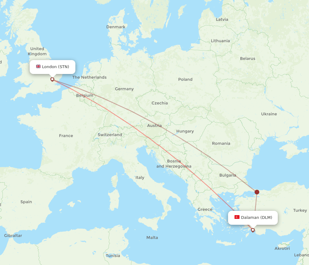 STN to DLM flights and routes map